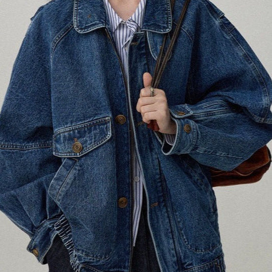 Utilityjakke i vasket denim med opretstående krave