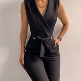 Damejumpsuit – Ærmeløs – Slå-om-udskæring – Bælte i taljen – Vide ben