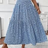 Lang damenederdel - Elastik i taljen - Flæsemønster - Blomsterprint