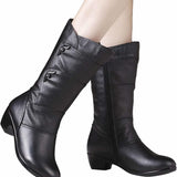 Damestøvler - Elegant læder - Komfortabel lav hæl - Praktisk lynlås