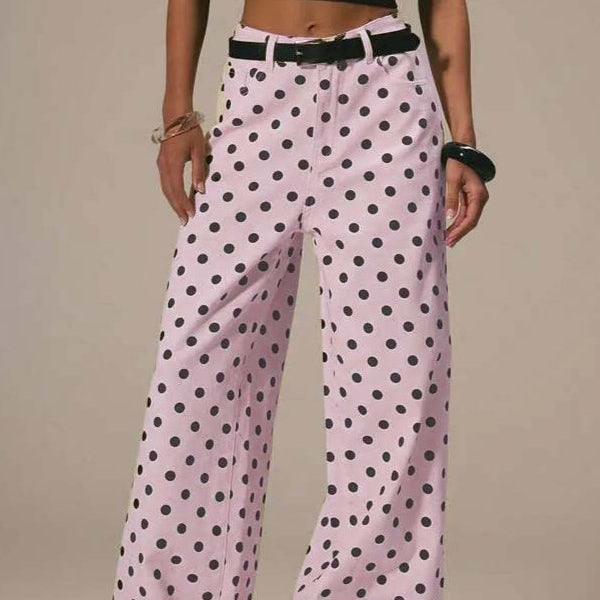 Jeans med vide ben og polkaprikker og mellemhøj talje