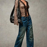 Leopardprintet cardiganbluse med flæser og blondeindsatser