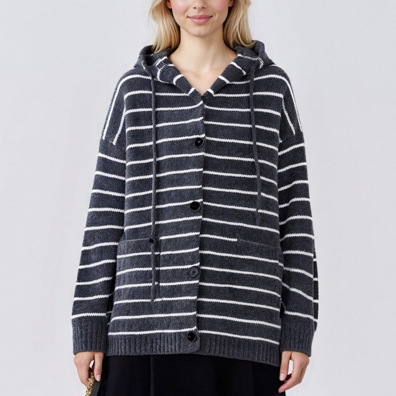 Plus-size stribet cardigan med retro hætte, snøre og lommer