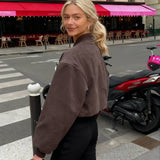 Retro grå ruskindspilotjakke med opretstående krave og lynlåslukning