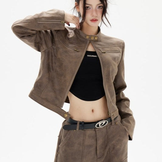 Kort bikerjakke i læder