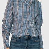 Ternet frakke med lysekroneprint og høj, rynket krave