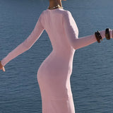 Elegant og sexet bodycon maxikjole med dyb halsudskæring og lange ærmer