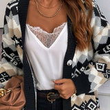 Damesweaterfrakke – Blød strik – Oversized pasform – Etnisk mønster – Knaplukning