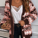 Damesweaterfrakke – Blød strik – Oversized pasform – Etnisk mønster – Knaplukning