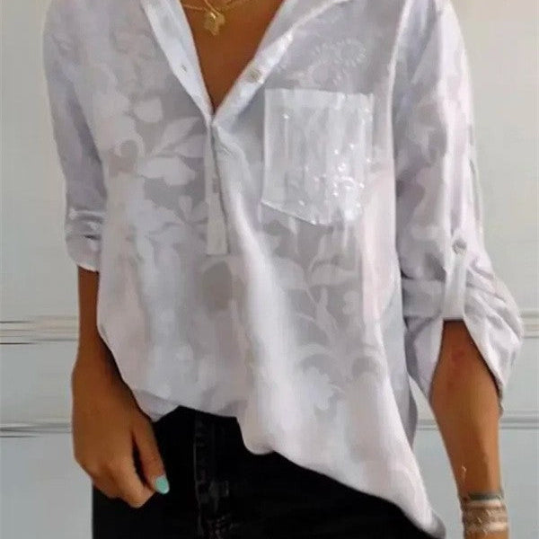 Dametunikabluse – Løs pasform – Blomsterprint – Luksuriøst stof – Knaplukning