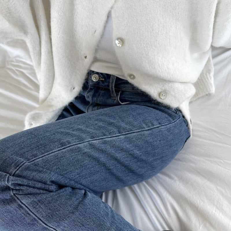 Vintage lysegrå strikvest med muslingeknapper