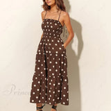 Trendy plisseret kjole med elastiske stropper i chokolade og elfenbensfarvede polkaprikker