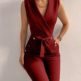 Damejumpsuit – Ærmeløs – Slå-om-udskæring – Bælte i taljen – Vide ben