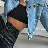 Trendy kort denimjakke med lynlås