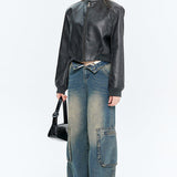 PU-læder pilotjakke med lynlås