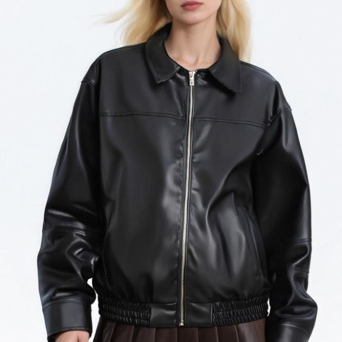 Afslappet PU-læderjakke med revers