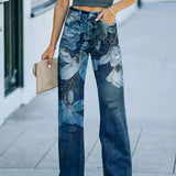 Damebukser – Høj talje – Lige snit – Slidte detaljer – 3D-blomstermønster