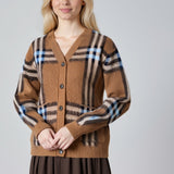 Løstsiddende retro ternet strikcardigan med V-hals i plus size