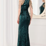 Paillettebesat havfrue-maxikjole med åben ryg