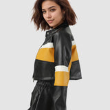 Farveblok PU kort jakke