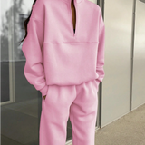 Damesæt i to dele – Blød strik – Afslappet pasform – Langærmet top med lynlås og smalle bukser