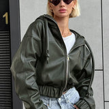 Oversized streetwear-jakke med hætte i sort kunstlæder