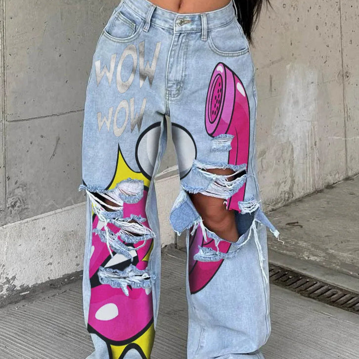 Mellemhøj talje baggy jeans med tryk