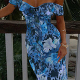 Sexet, stropløs, printet, flæset, bodycon maxikjole