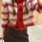 Stribet, cropped cardigan med rund hals