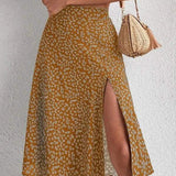 Midinederdel til kvinder - Høj talje - Sideslids - Let og flagrende stof - Blomstermønster