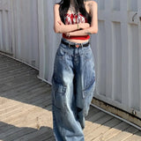 Brede, diagonale denim cargobukser med slids