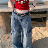 Brede, diagonale denim cargobukser med slids