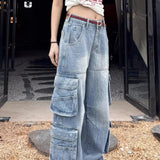 Vide, løstsiddende denim cargobukser med flere lommer