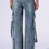 Denim cargobukser med vide ben og flere lommer