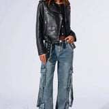 Denim cargobukser med vide ben og flere lommer