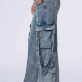 Denim cargobukser med vide ben og flere lommer