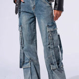 Denim cargobukser med vide ben og flere lommer