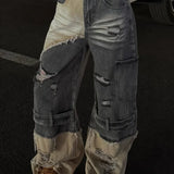 Lige ben, vide ben, patchwork-jeans med falmede detaljer