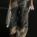 Lige ben, vide ben, patchwork-jeans med falmede detaljer