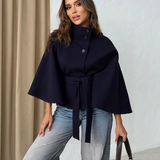 Damekappefrakke – Uld – Høj krave – Bælte i taljen – Flagrende snit