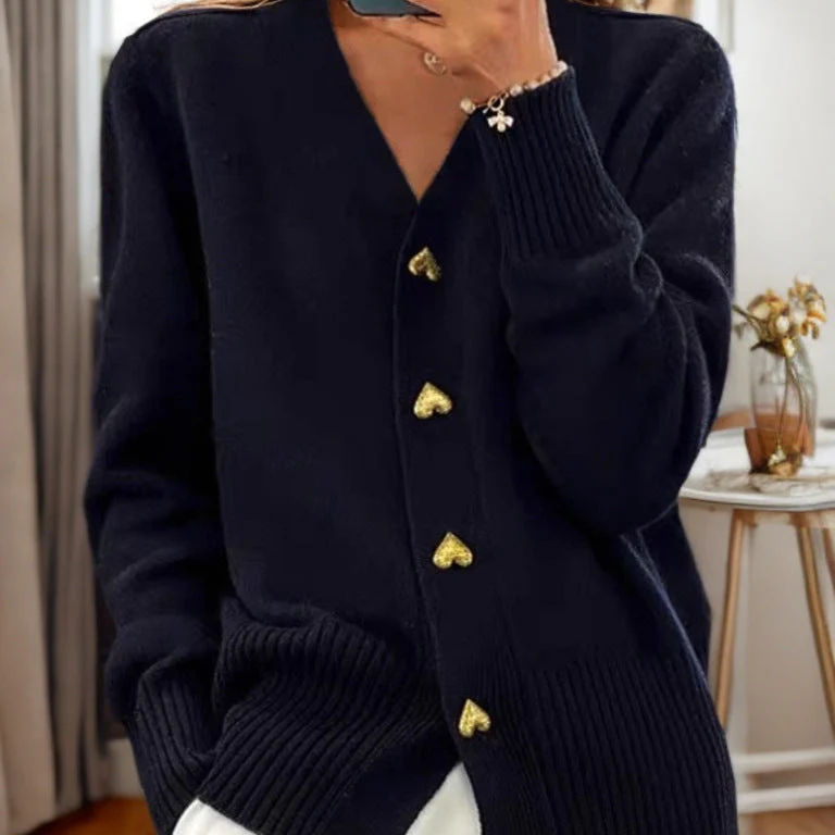 Damevest – Uldstrik – Afslappet pasform – V-hals med hjerteknapper