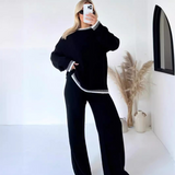 Dame loungewear-sæt – Blød strik – Afslappet pasform – Bukser med vide ben