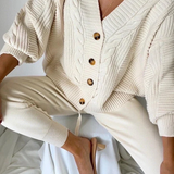 Damestriksæt – Afslappet uldcardigan – Ribbede, tætsiddende bukser