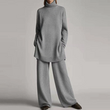 Dame loungewear-sæt – Blød strik – Oversized turtleneck-top – Bukser med vide ben