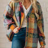 Dame fleecefrakke – Oversized pasform – Western-ternet mønster – Knapper – Ribbede manchetter