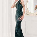 Paillettebesat havfrue-maxikjole med åben ryg