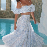 Todelt sæt: maxikjole med flæser og off-shoulder blomsterprint