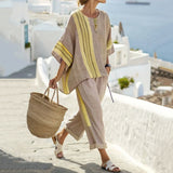 Damesæt i to dele – Løstsiddende – Åndbart stof – Striber og elastisk bund