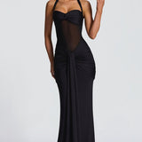 Maxi strikket aftenkjole med bindebånd