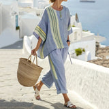 Damesæt i to dele – Løstsiddende – Åndbart stof – Striber og elastisk bund